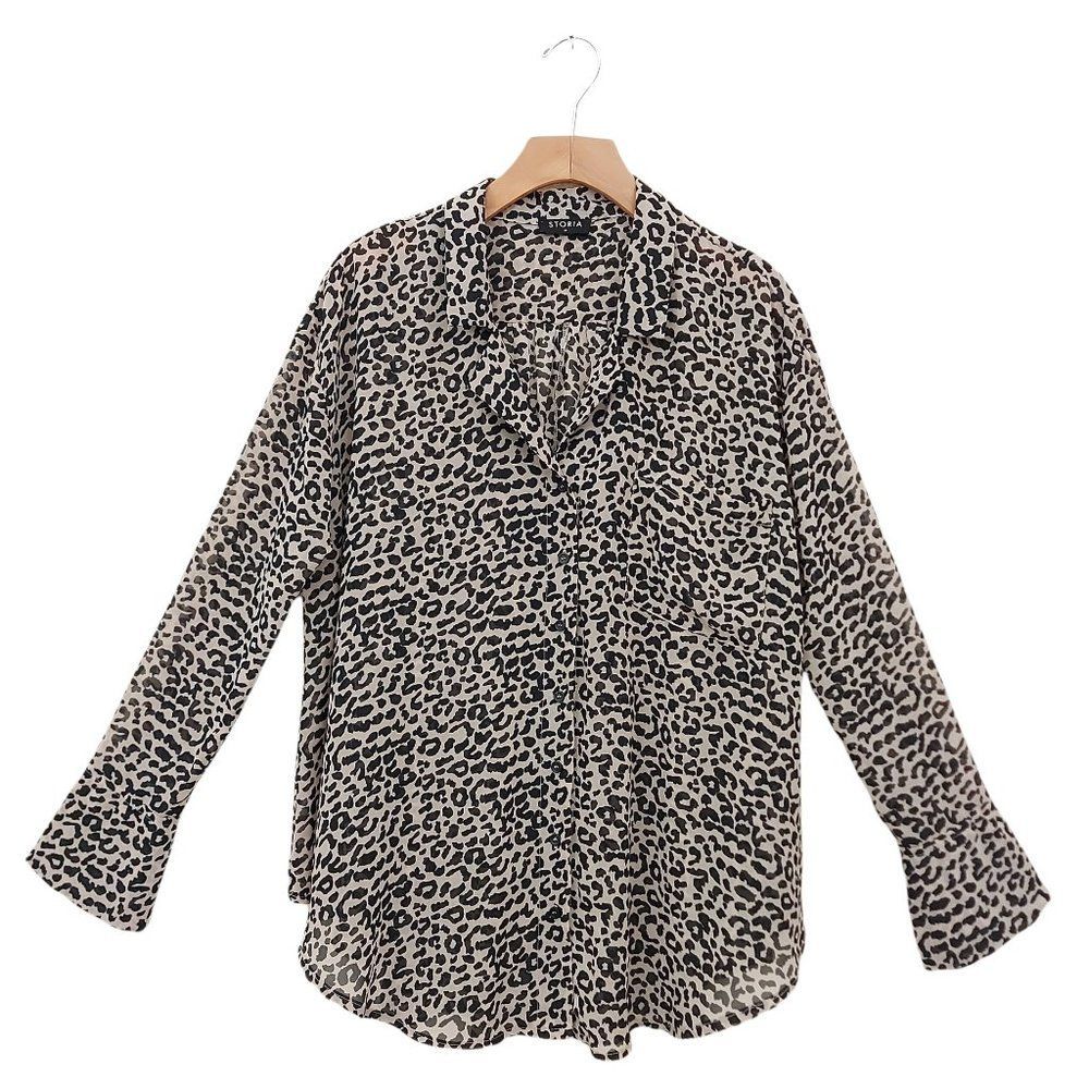 Storia Blouse Womens Medium Brown Black Leopard Print Long Sleeve Button Up